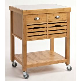 Stainless Steel Top Bamboo Wood Kitchen Cart