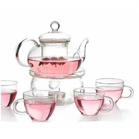 Glass Tea Pot Set with Cups Teapot Warmer and Infuser