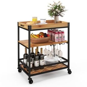 Metal Wood Shelf Kitchen Serving Bar Cart with Removable Top Tray