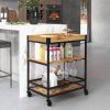 Metal Wood Shelf Kitchen Serving Bar Cart with Removable Top Tray