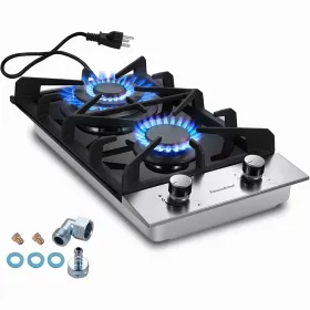 Gas Cooktop 2 Dual Burners Tempered Glass Countertop