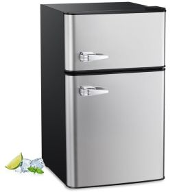 3.2 Cu.Ft Mini fridge with Freezer, Double Door Compact Refrigerator, Retro Mini Refrigerator for Dorm, Office, Bedroom(Red) (Color: Grey)